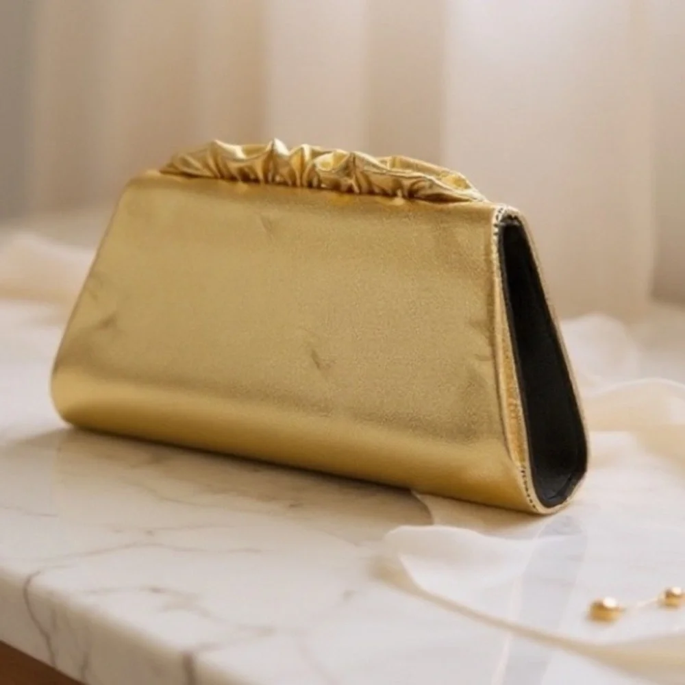 Metallic Gold Ceremony Reception Clutch Bag Top Handle Chain Wedding Party Purse